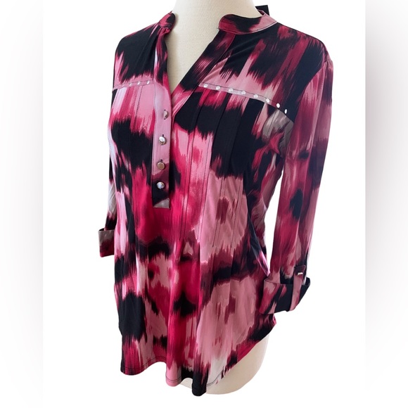 COCOMO Small Red pink white 3/4 sleeve women's Pin tuck Blouse top shirt - Picture 4 of 12